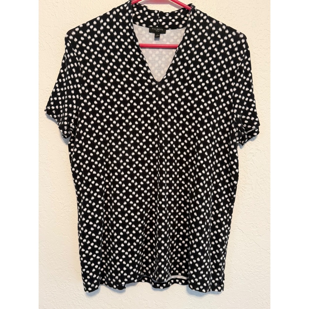 Talbots Petites Black White Ikat Polka Dot V-Neck Knit Top Large P